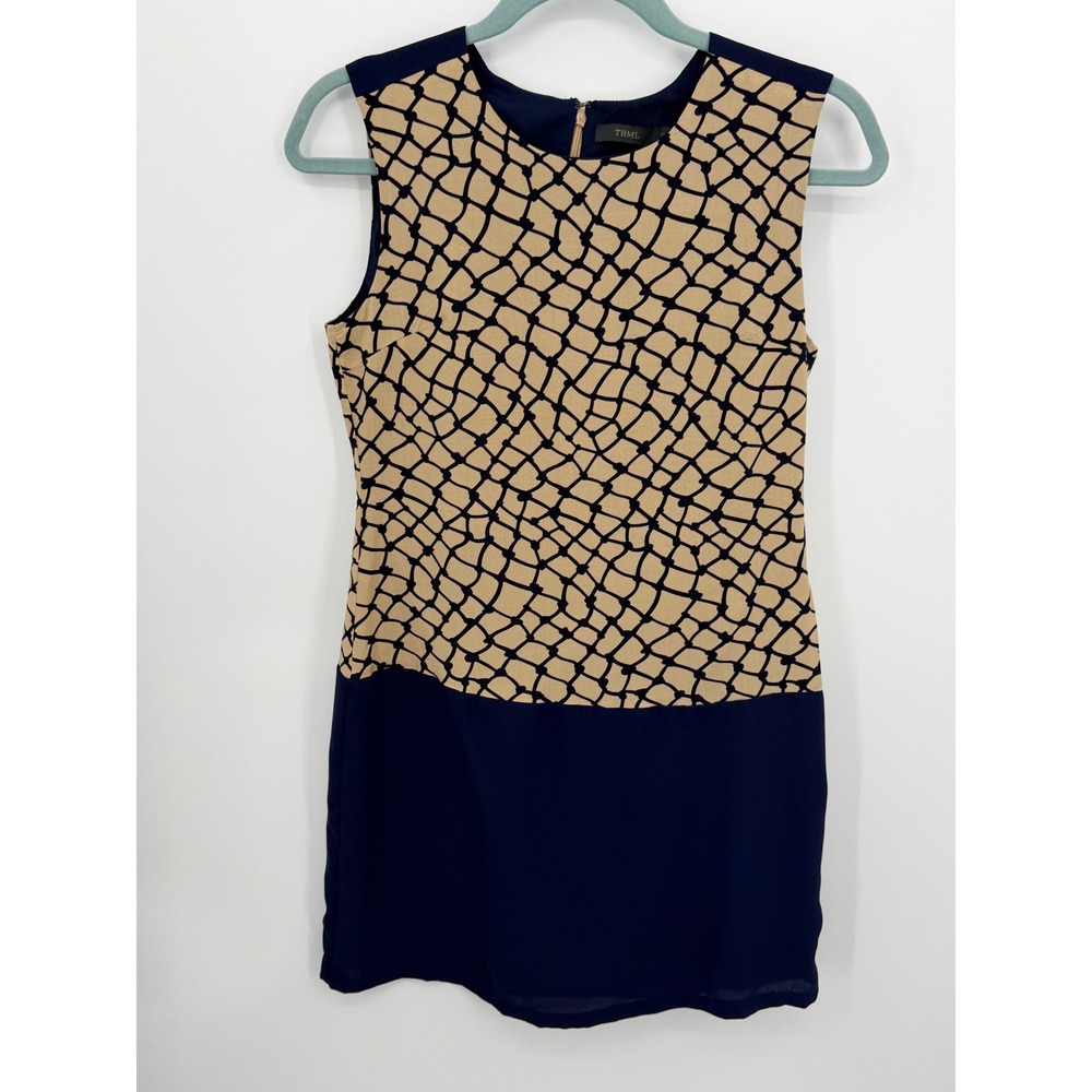 THML Dress Womens Small Blue Tan Geometric Print Sleeveless knee Length